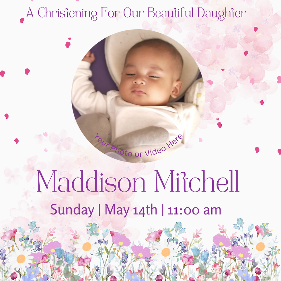 Thumbnail: White delicate flowers Christening invitation, personalised digital design for baby’s special day