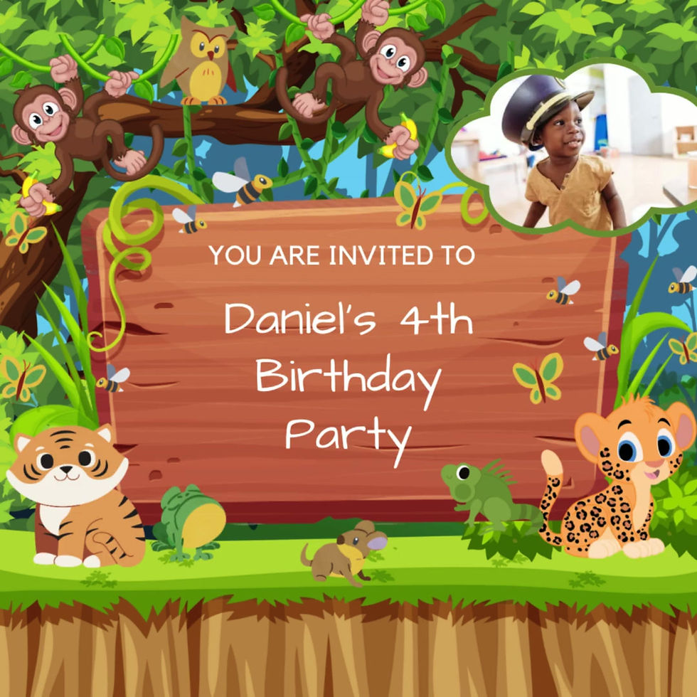 Jungle themed personalised digital birthday invitation video with cute safari animals, add your own photo or video
