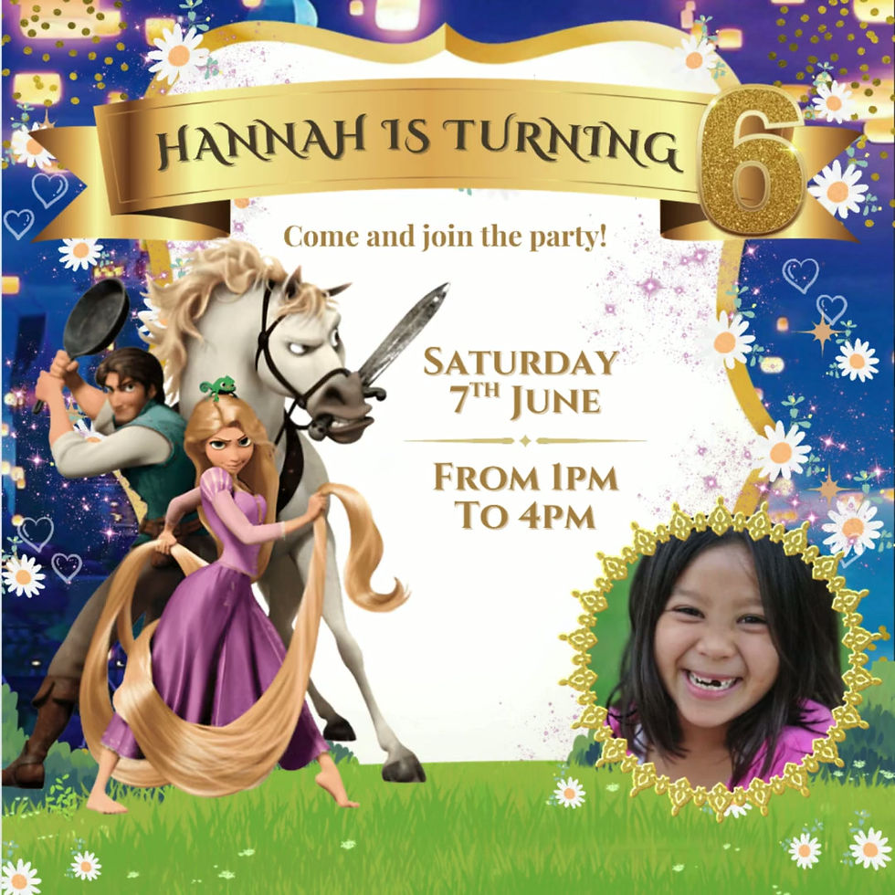 Tangled themed personalised digital birthday invitation video, add your own photo or video