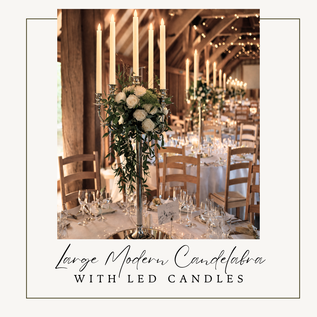 Elegant 95cm tall modern candelabra for hire, ideal for adding sophistication to any event setting.