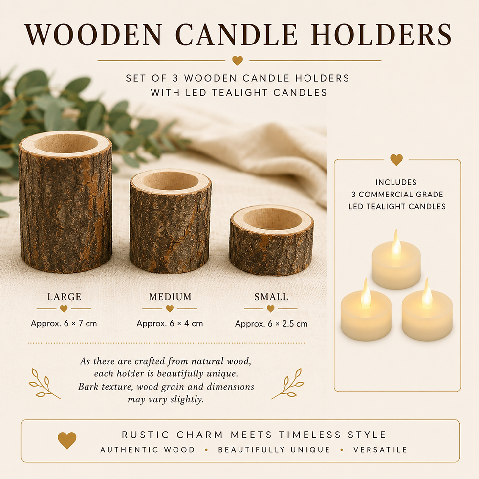 Thumbnail: Natural wooden tealight holders for rustic wedding centrepieces and event table décor.