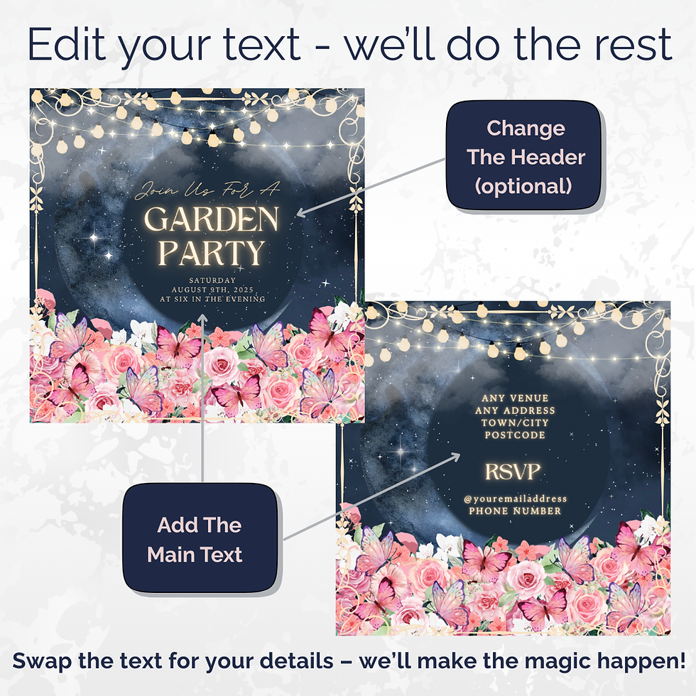 Evening Garden Party Digital Video Invitation – personalised animated e-invite, perfect for outdoor celebrations.