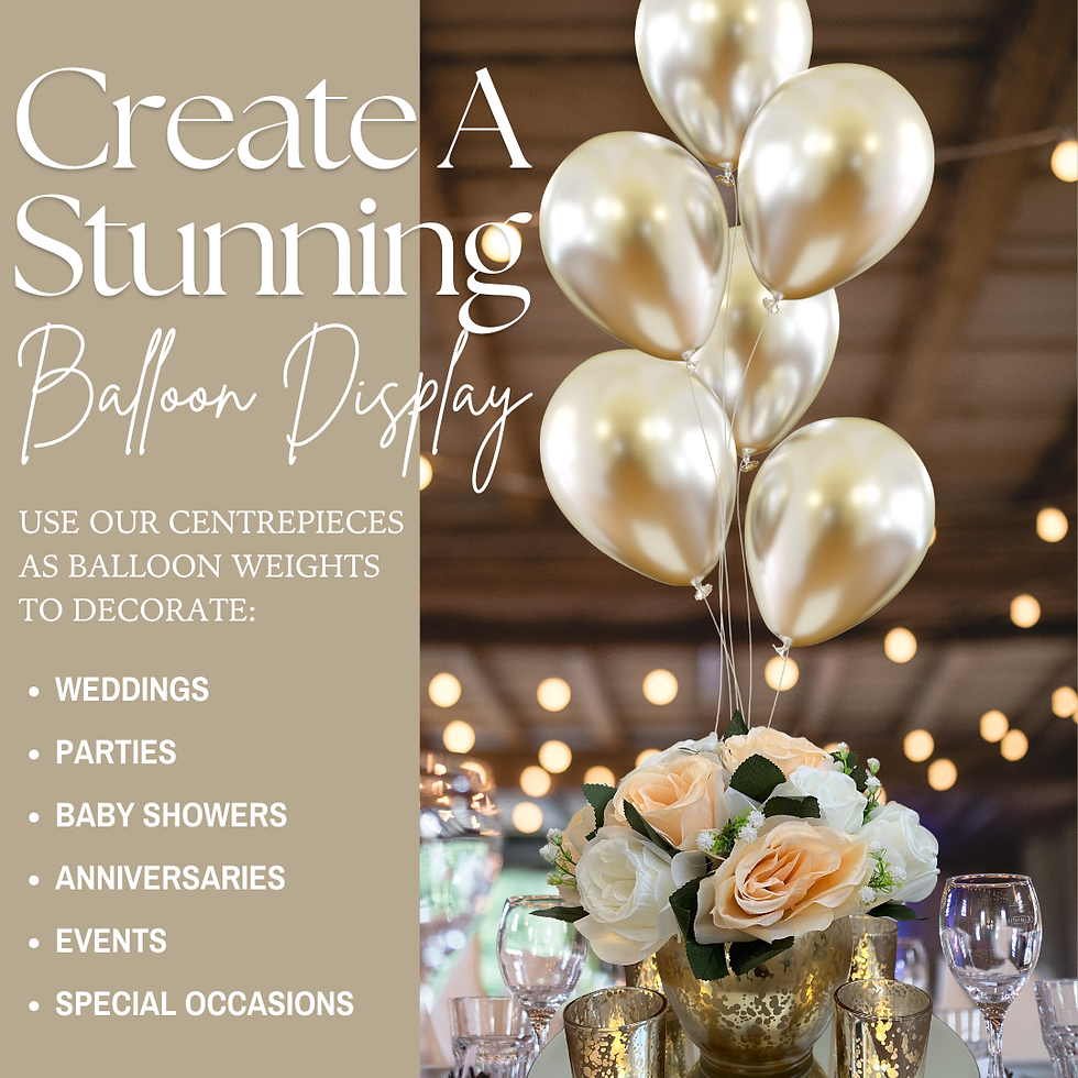 Thumbnail: Elegant floral centrepieces act as weights for balloon bunches, adding charm and style to the overall display.