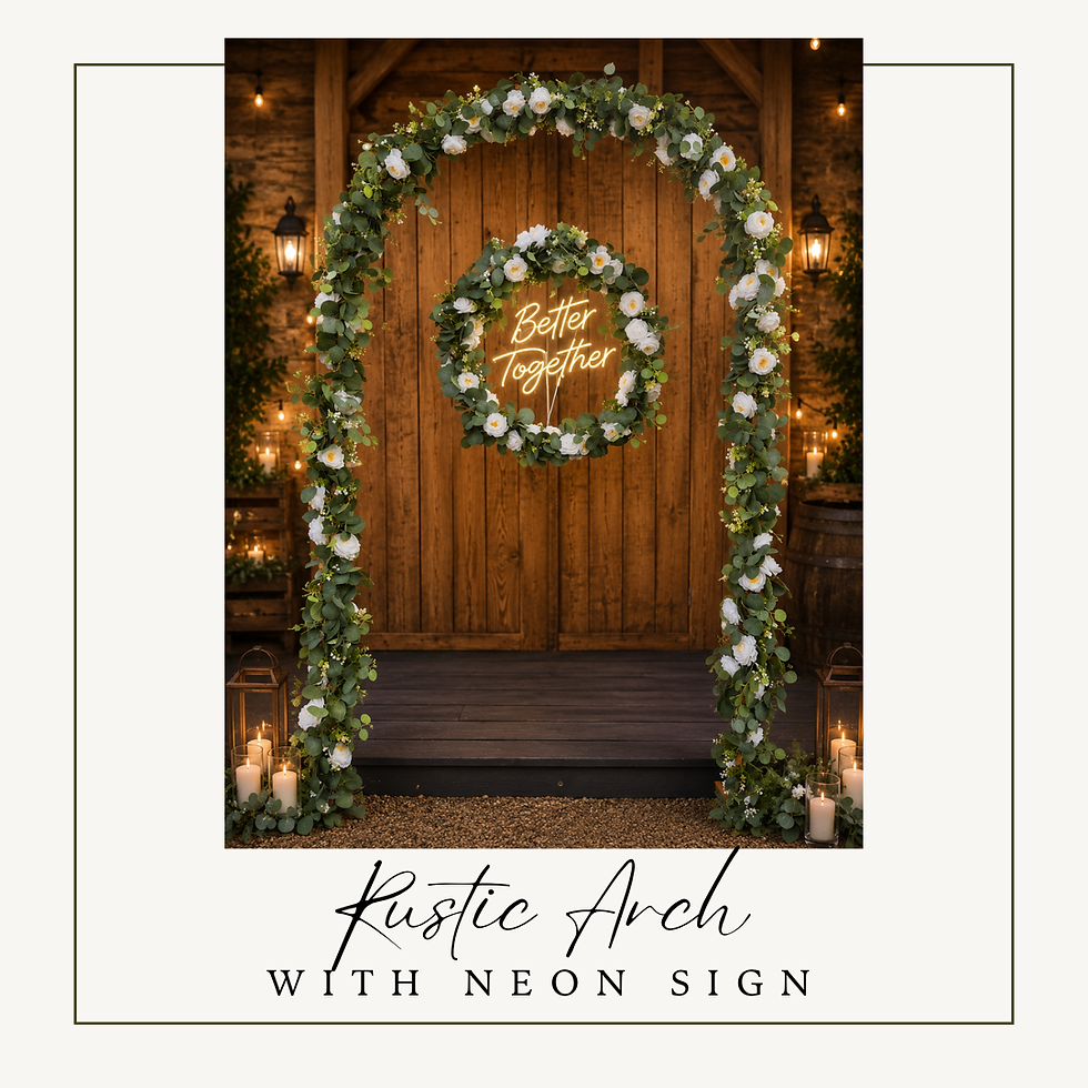 Rustic wedding arch with eucalyptus greenery, white roses and Better Together neon sign with warm candle styling.