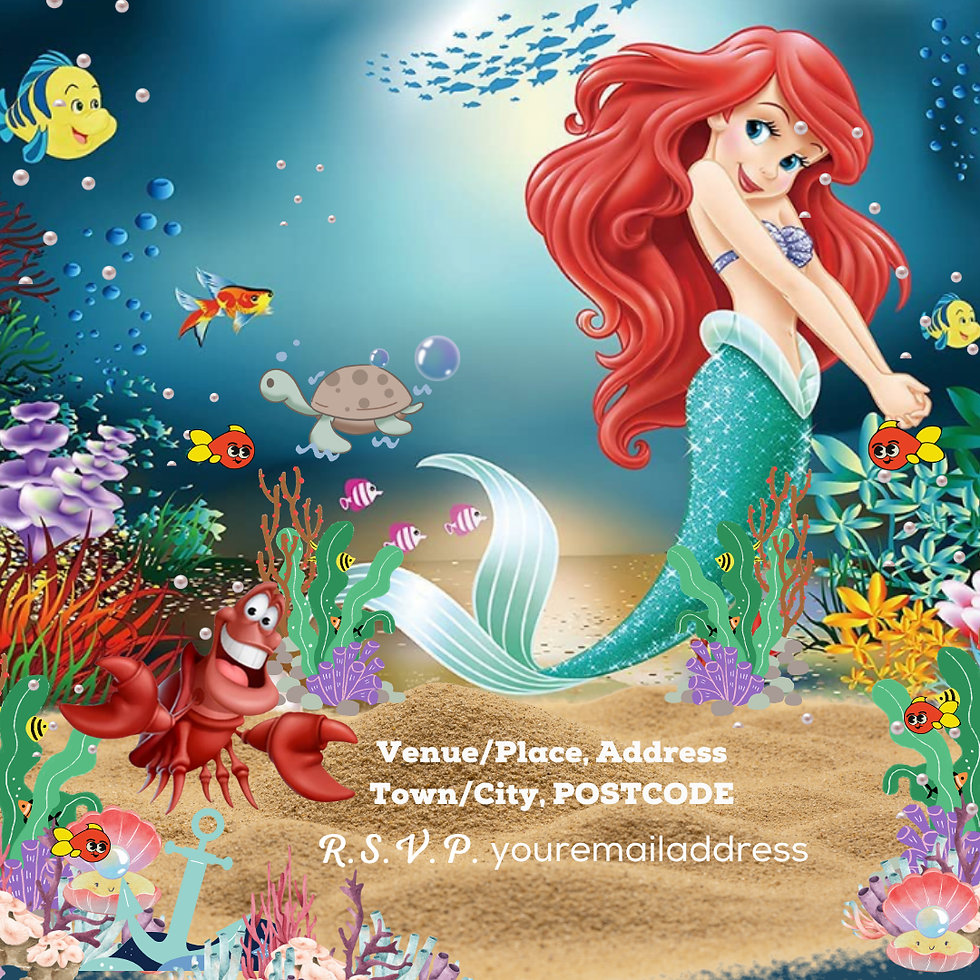 Thumbnail: Little Mermaid underwater invitation with Ariel and Sebastian – add your photo or video, personalised animated ecard.