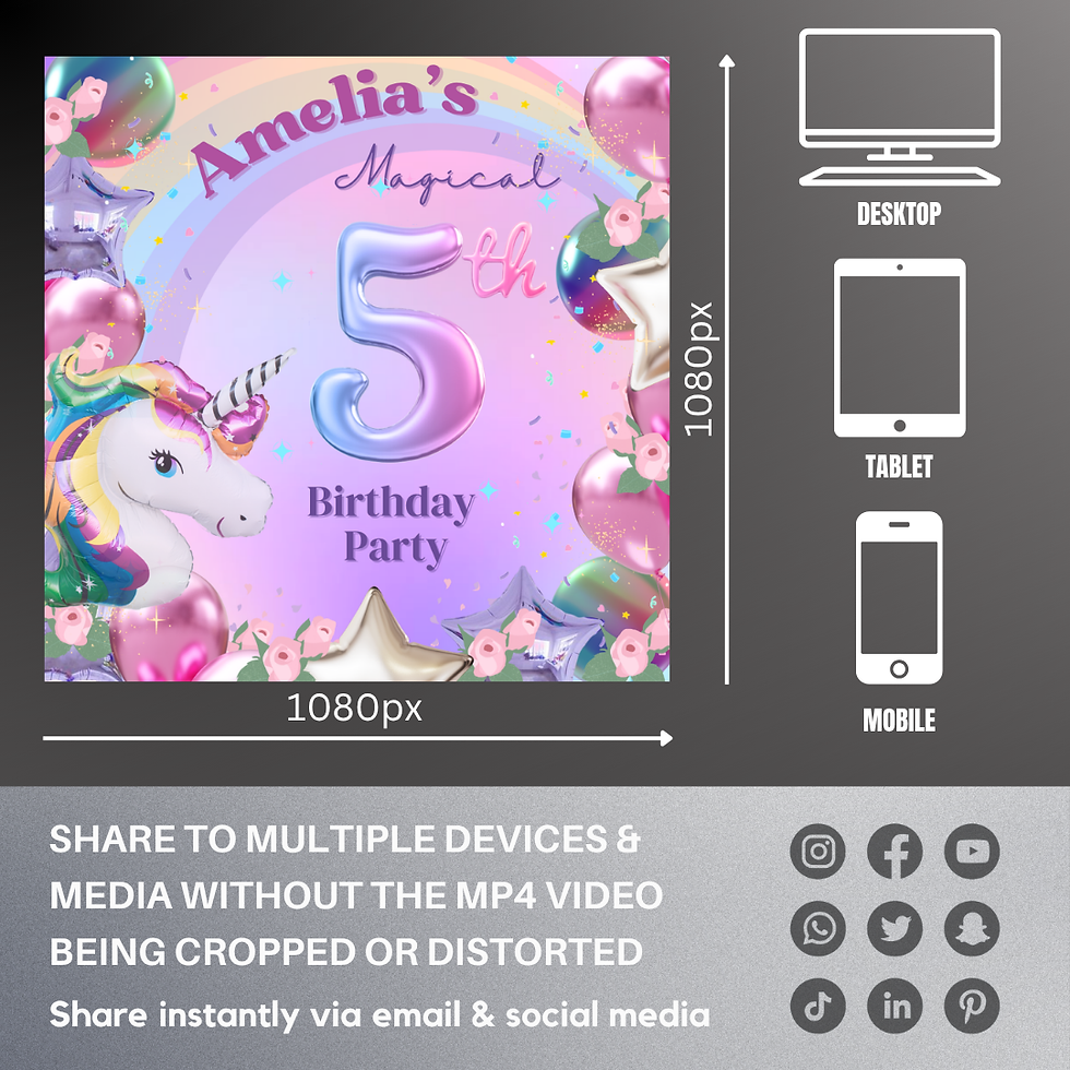 Thumbnail: Unicorn personalised digital video invitation with rainbow and balloons.