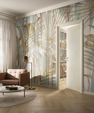 fototapet Cluj, fototapet Accent Decor, model decorativ elegant cu motive vegetale stilizate, design modern în nuanțe deschise și accente aurii, fototapet lavabil pentru living sau dormitor, decor sofisticat perete