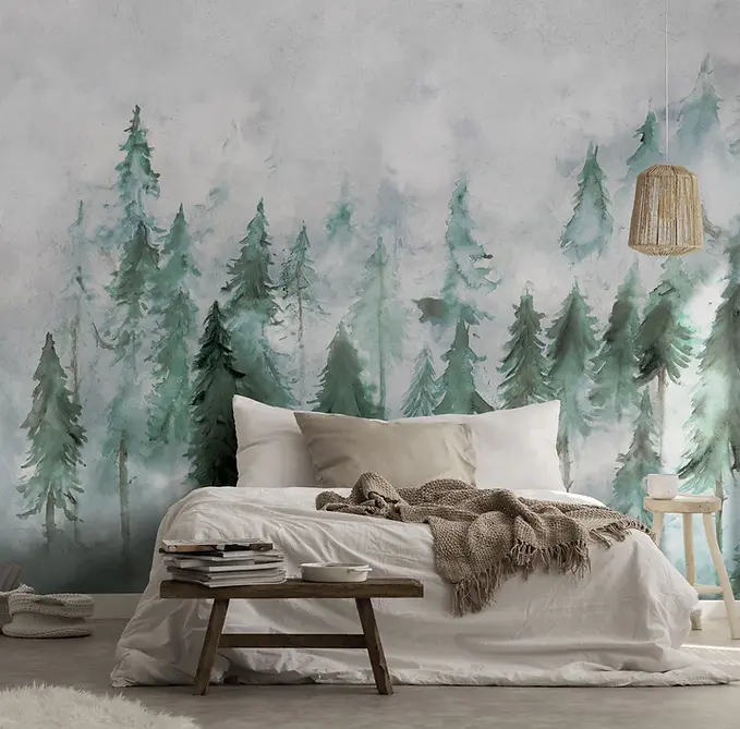 fototapet Cluj, fototapet Accent Decor lavabil cu peisaj de pădure în ceață, tonuri de verde și alb, efect pictural pe suport canvas sau beton, ideal pentru dormitor sau spații de relaxare