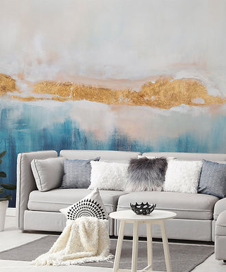 fototapet turcoaz cu accente aurii, fototapet pictural în nuanțe de albastru și alb, decor perete cu efect de pensulă, fototapet elegant pentru living sau dormitor, fototapet Accent Decor, fototapet Cluj