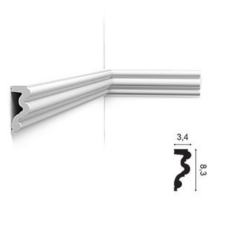 P4025 Orac Decor – profil perete decorativ din poliuretan rezistent, cu design ondulat sofisticat, înălțime 8 cm. Potrivit pentru interioare elegante. Disponibil la Accent Decor Cluj.