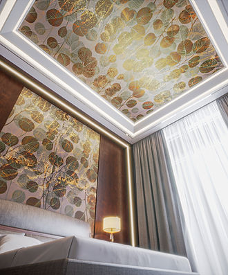 fototapet Cluj, fototapet Accent Decor, model decorativ cu frunze stilizate și accente aurii, design modern elegant pentru dormitor, fototapet lavabil, decor sofisticat perete