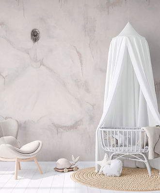 fototapet balerină delicată în nuanțe deschise de alb, roz pudrat și gri, decor cameră copil sau bebeluș, fototapet pictural cu siluetă feminină, fototapet Accent Decor, fototapet Cluj