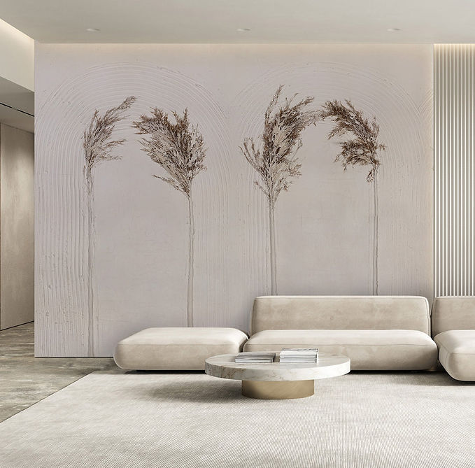 Fototapet Cluj lavabil bej cu detalii botanice minimaliste și arcade texturate – Accent Decor