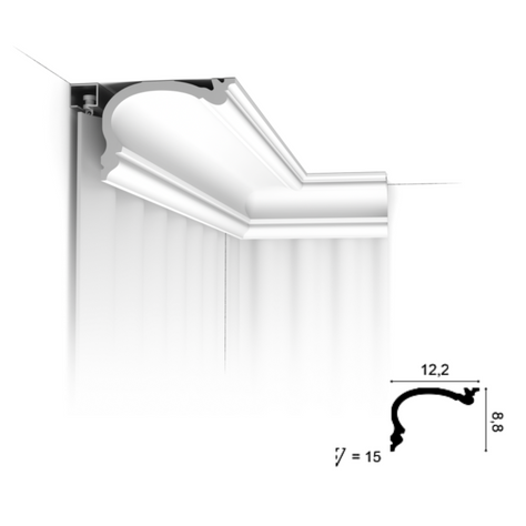 Cornisă din poliuretan Orac Decor 12 cm H – profil elegant pentru tavane, permite mascarea galeriei de perdea, disponibilă la Accent Decor Cluj.