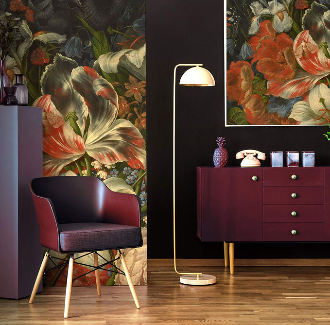 fototapet lavabil Cluj, fototapet Accent Decor cu flori baroce pictate manual în stil flamand, fundal negru elegant, decor luxos pentru living sau birou, print premium pe comandă