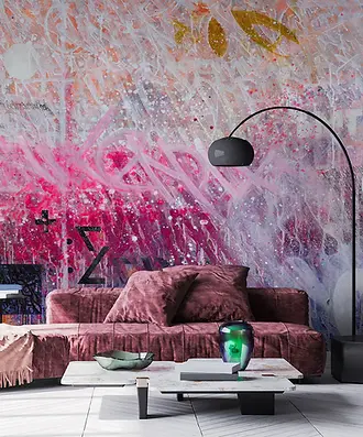 fototapet urban cu graffiti roz și alb, decor artistic modern, street art interior, fototapet Cluj, Accent Decor Cluj