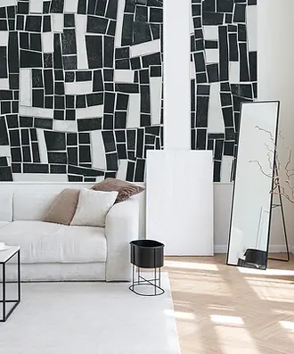 Fototapet abstract alb-negru cu model geometric tip mozaic, aplicat într-un living luminos, fototapet Cluj, Accent Decor, lavabil.