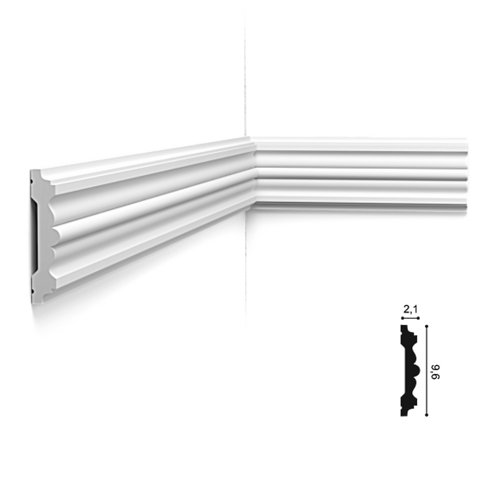 Profil decorativ P9020 din poliuretan, cu design clasic în straturi, înălțime 9,6 cm. Ideal pentru interioare elegante. Lavabil. Disponibil la Accent Decor Cluj.