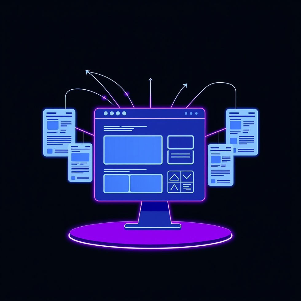 Neon blue computer screen with documents and arrows on black background, symbolizing data flow or digital interaction.