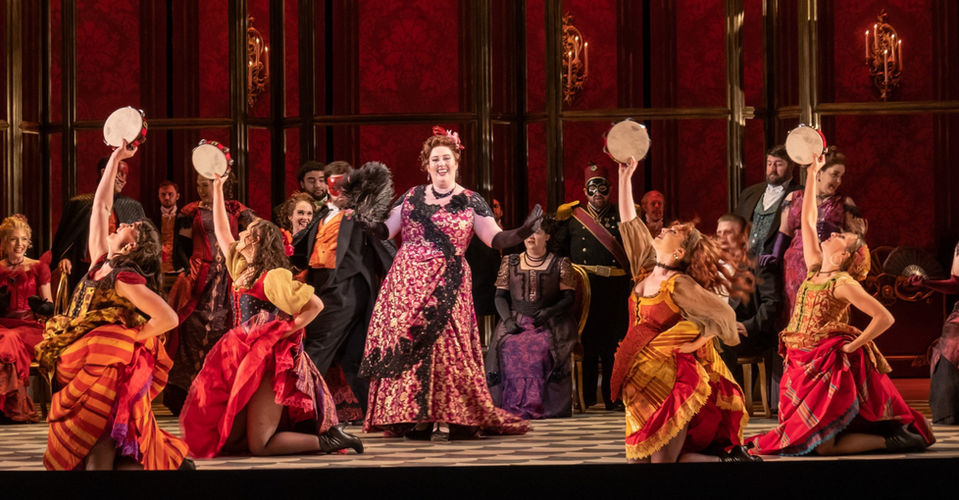 Mezzo-soprano Aubrey Odle as Flora in La traviata with Lyric Opera of Kansas City