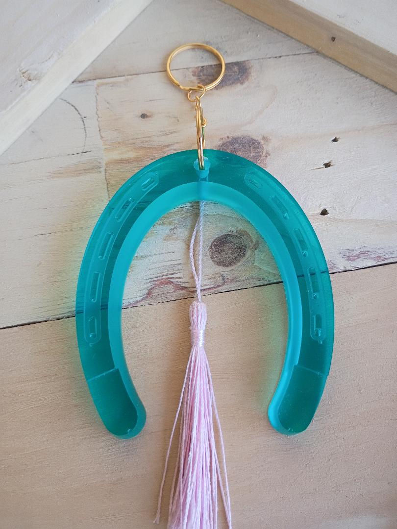 Thumbnail: Blueish Green Horse Shoe / Light Pink Tassel