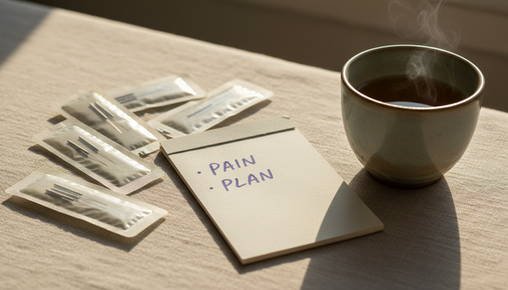 Close-up view of sealed acupuncture needles beside a small notebook labeled pain plan