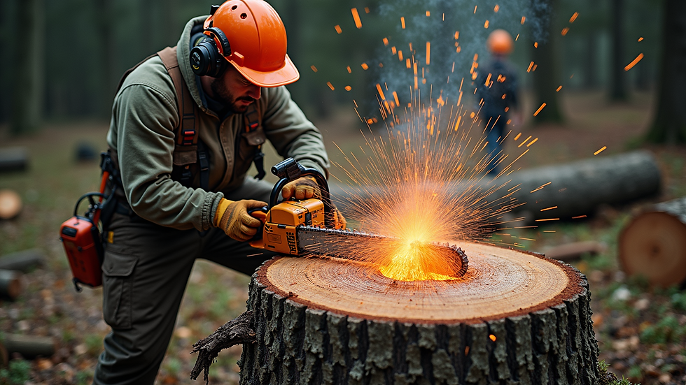 High angle view of a professional tree feller cutting a large tree