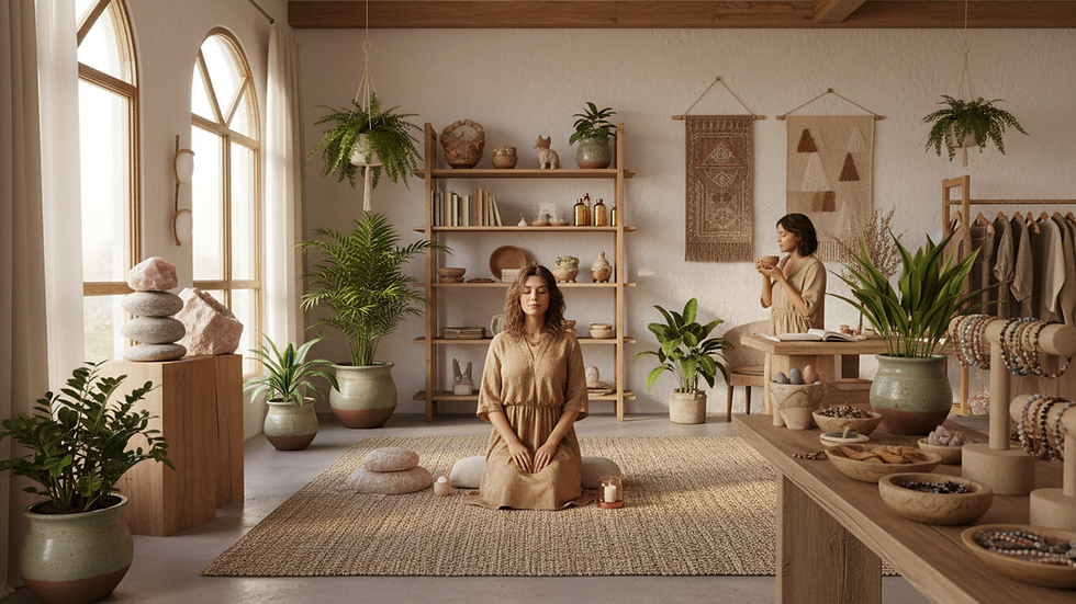 Eye-level view of cozy spiritual shop interior with natural decor