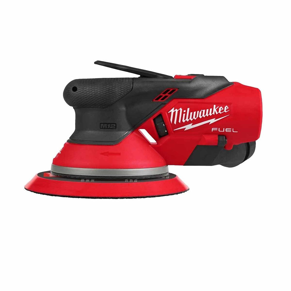 Red and black Milwaukee cordless sander with "Fuel" branding. Textured grip and sleek design on a white background.