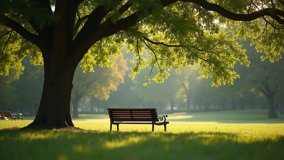 Eye-level view of a peaceful park bench under a large tree