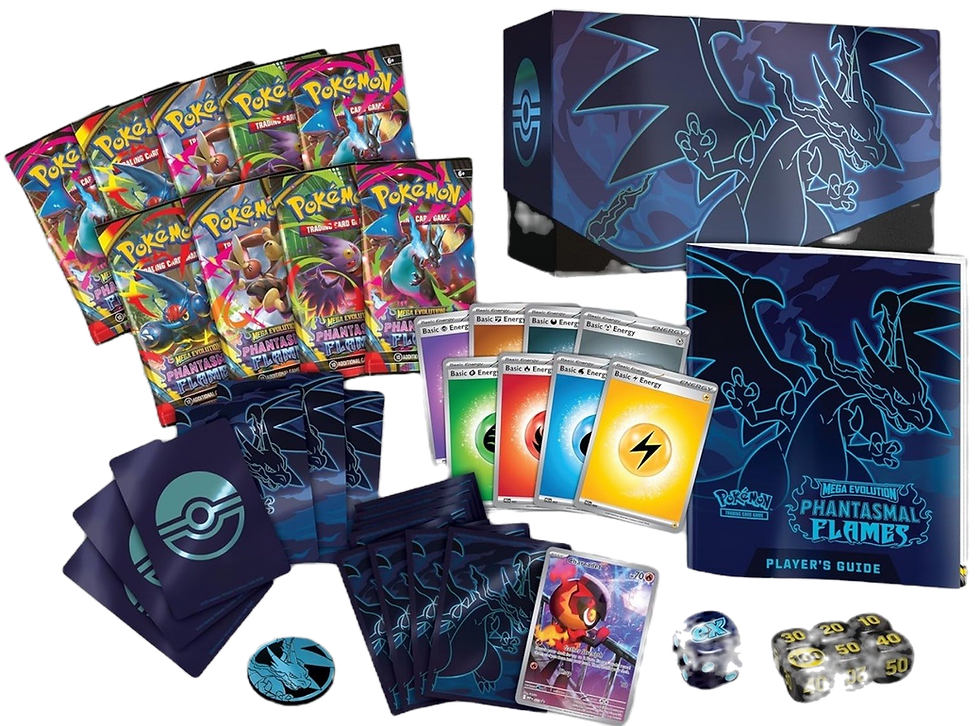 Phantasmal Flames Elite Trainer Box contents with cards and guide