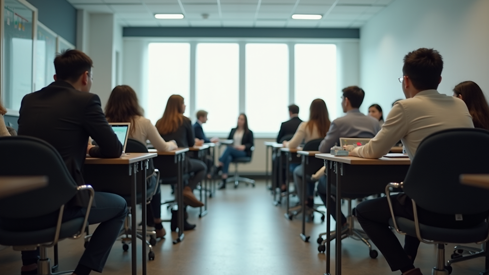 Eye-level view of a modern classroom with students engaged in group discussions