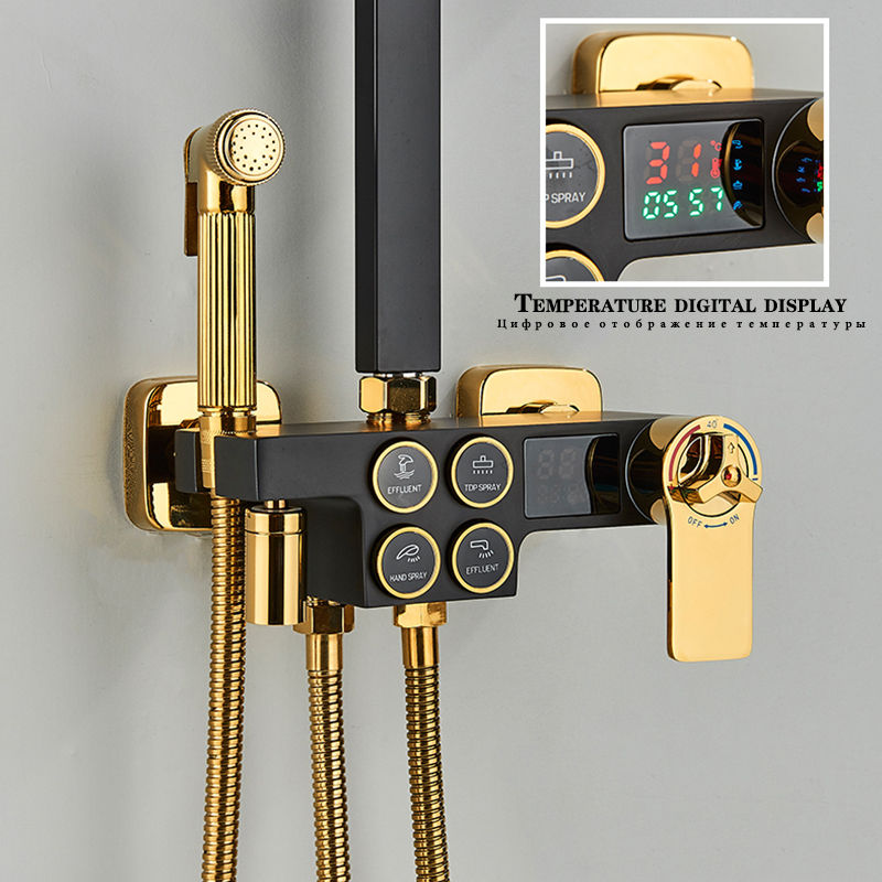 Thumbnail: Schwarz und Gold Digital anzeige Knopf Dusch set 4 Funktions knopf Thermostat S