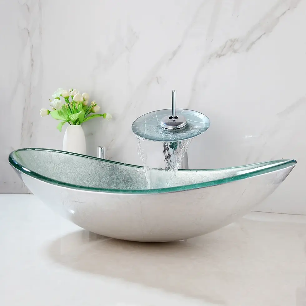 Thumbnail: Silber Kunst Bad Glas Waschbecken Waschbecken Wasserhahn Combo Becken Bad Eitel