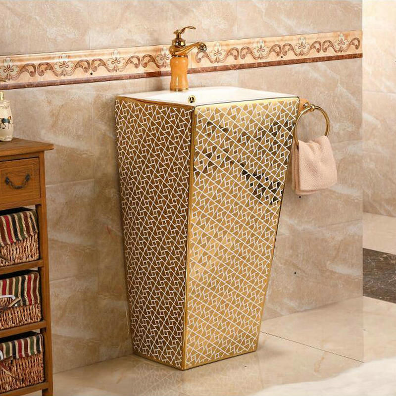 Thumbnail: Gold geo metrische rechteckige Sockel Waschbecken Keramik Waschbecken mit Stand