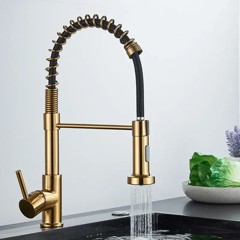 Thumbnail: Quyanre gebürstetes Gold Küchen armatur Pull Down Küchen armatur Einhand-Mischb