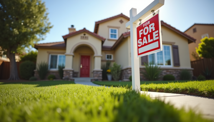 Eye-level view of a suburban California home with a "For Sale" sign in the front yard