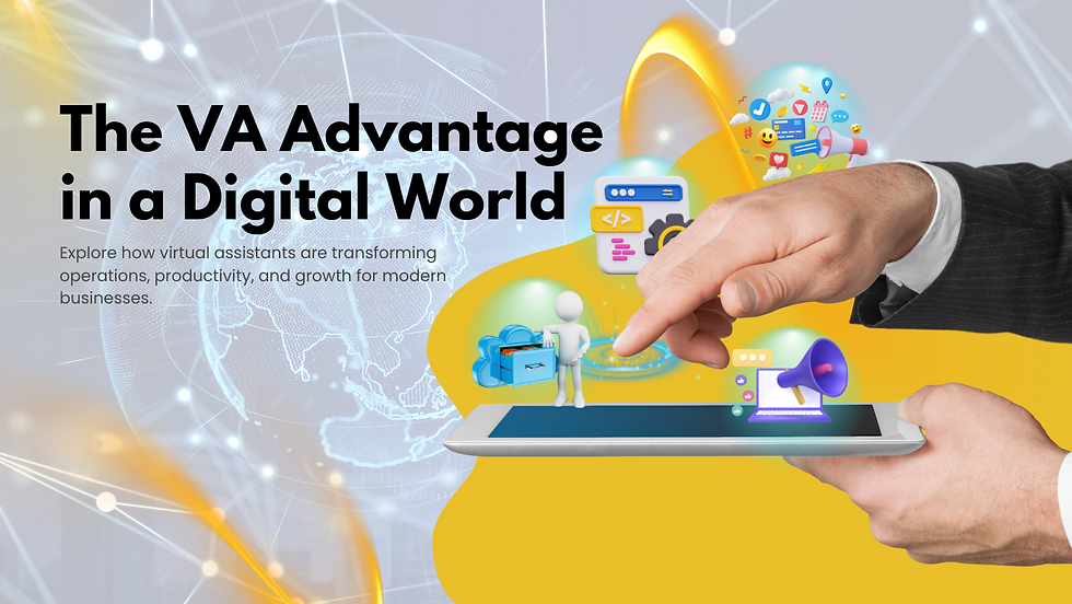 Hand pointing at a digital tablet with virtual icons, globe, and network background. Text: The VA Advantage in a Digital World.