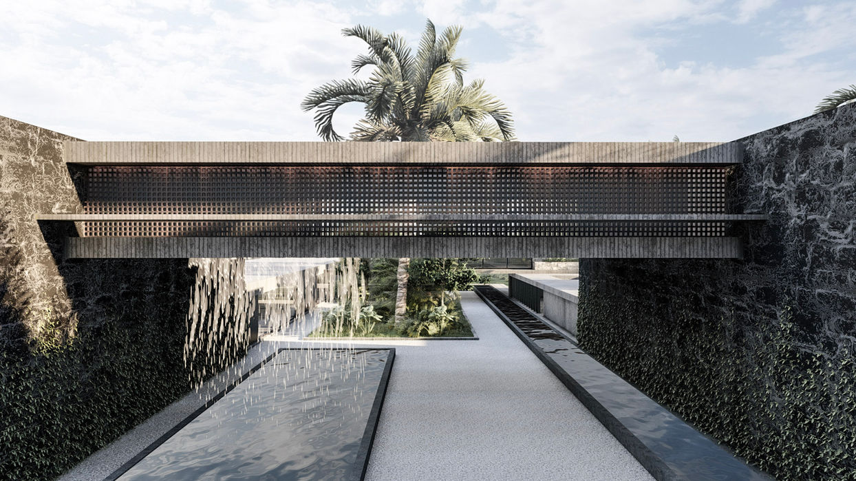 Modern Brazilian residence with concrete bridge and pool