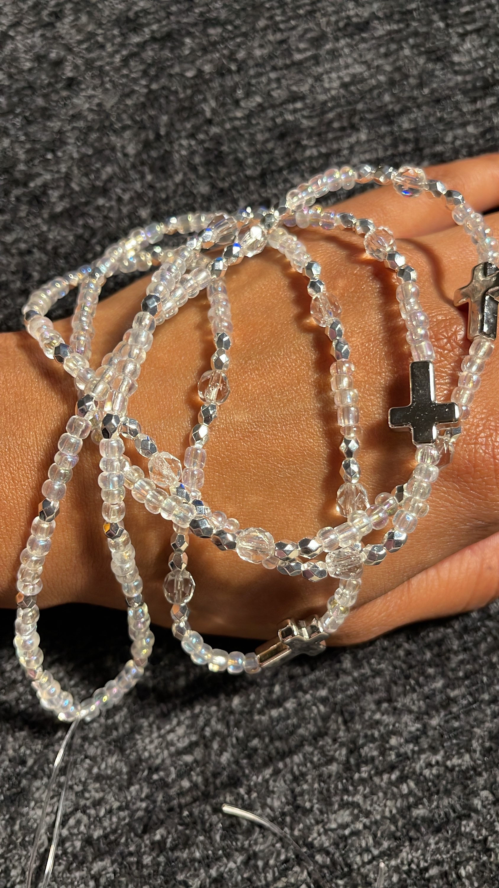 Crystal clear and silver waistbeads with silver crosses