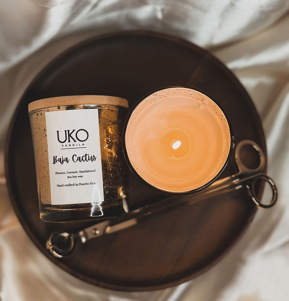UKO Kandila Baja Cactus scented candle burning in a shimmering amber glass jar, accompanied by gold and black wick trimmers on luxurious satin fabric. Hand-poured soy wax candle with notes of flowers, coconut, and sandalwood. Eco-friendly candle care tools for a clean, long-lasting burn. Handcrafted in Puerto Rico.