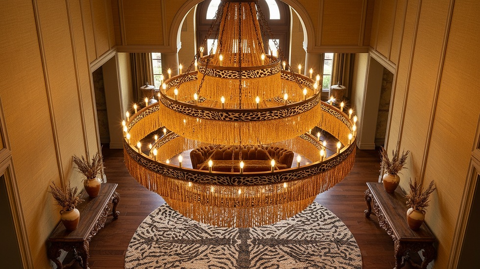 High angle view of a large multi-tiered chandelier hanging in a spacious foyer