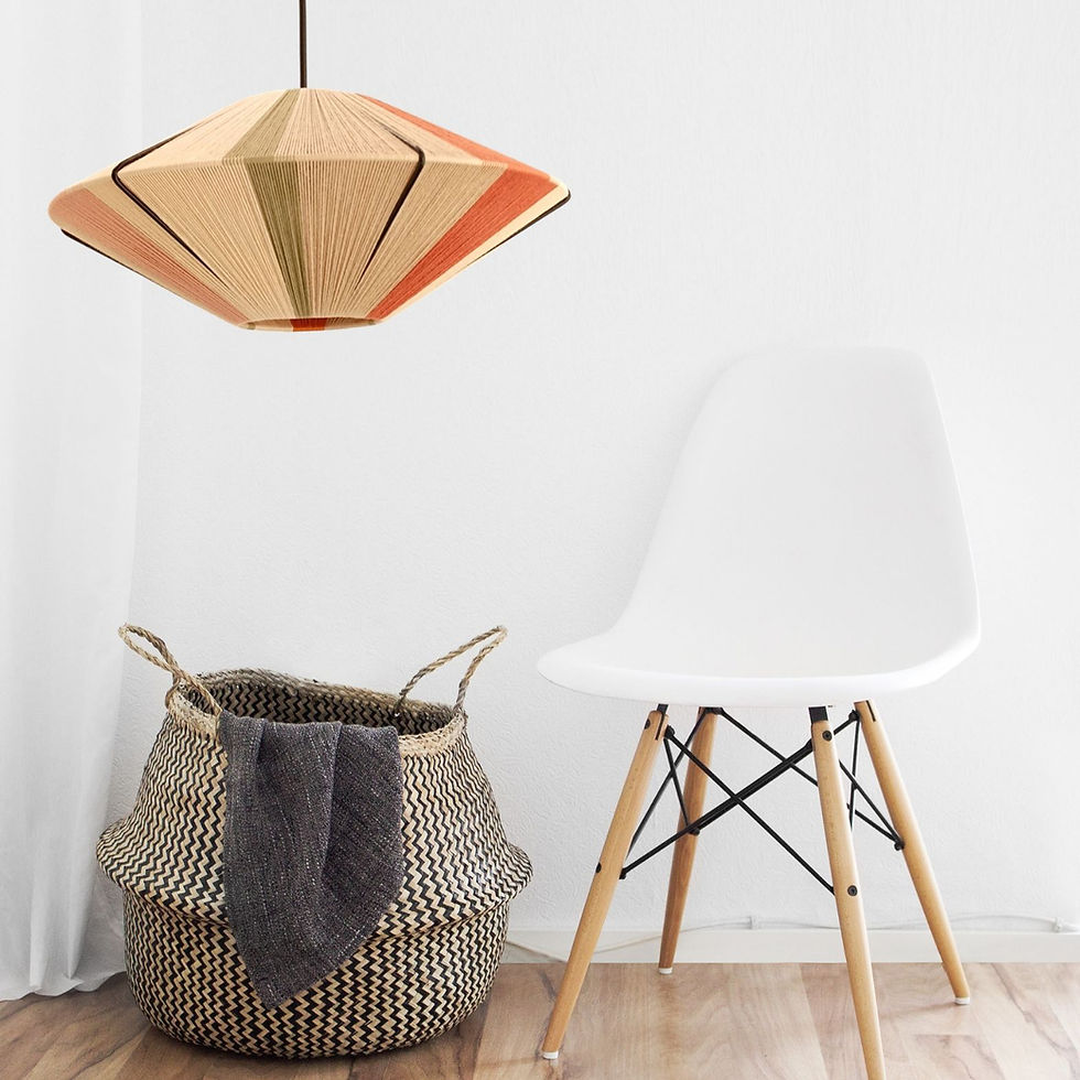 Μικρογραφία: Striped handmade lampshade hanging above chair