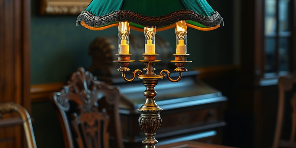 an exquisite piece,antique bronze table lamp with 3 lights and a green lampshade, that exu