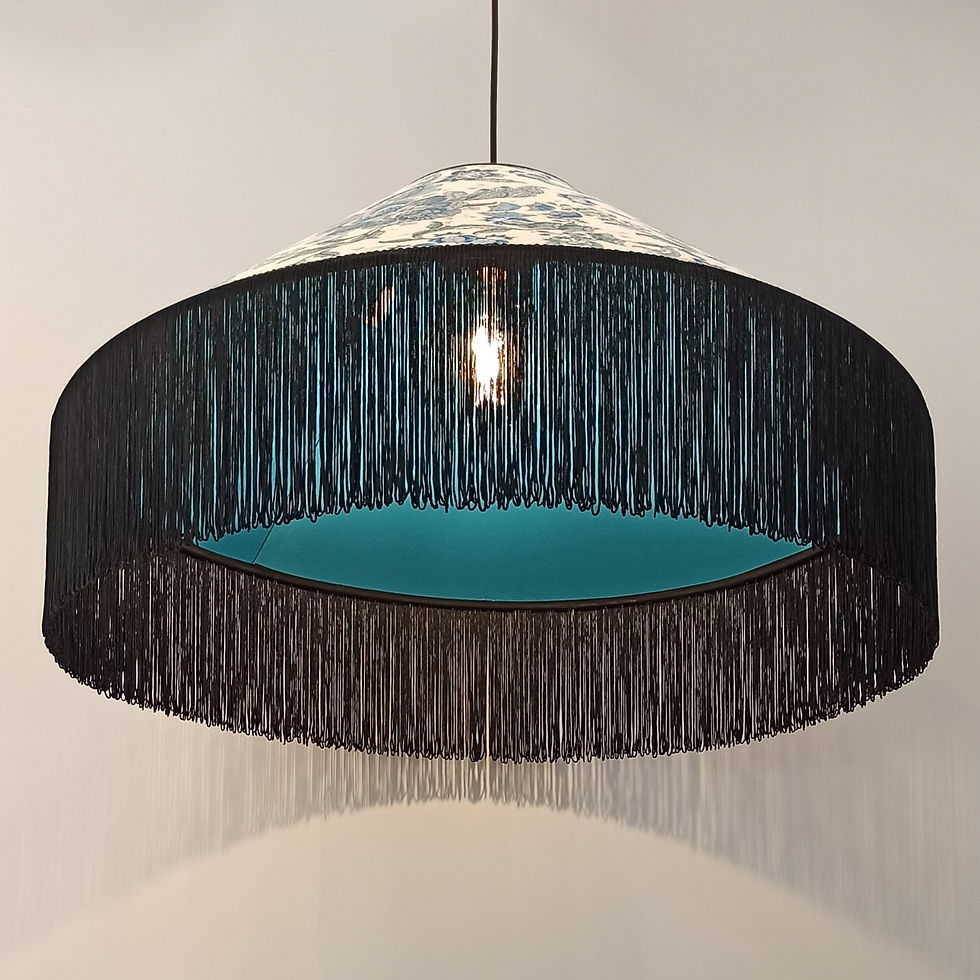 Thumbnail: Teal and black handmade lampshade hanging