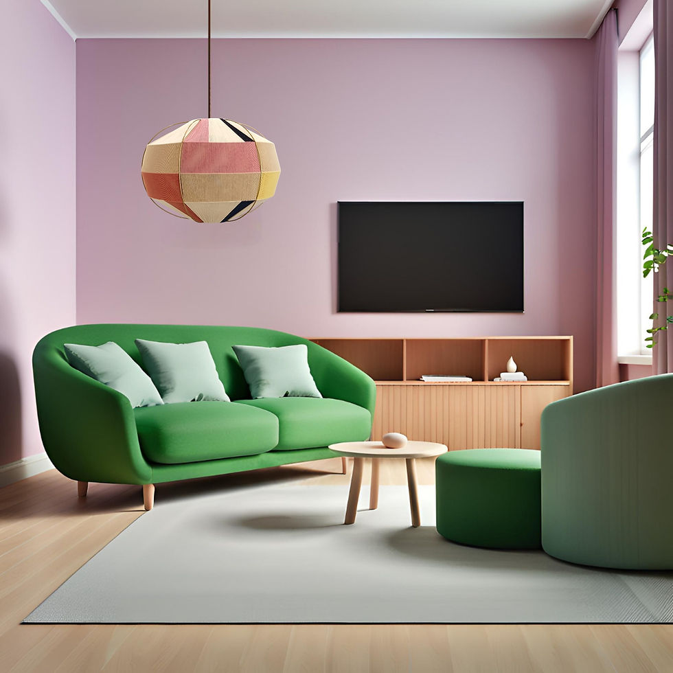 Thumbnail: Green sofa and armchair with geometric lampshade