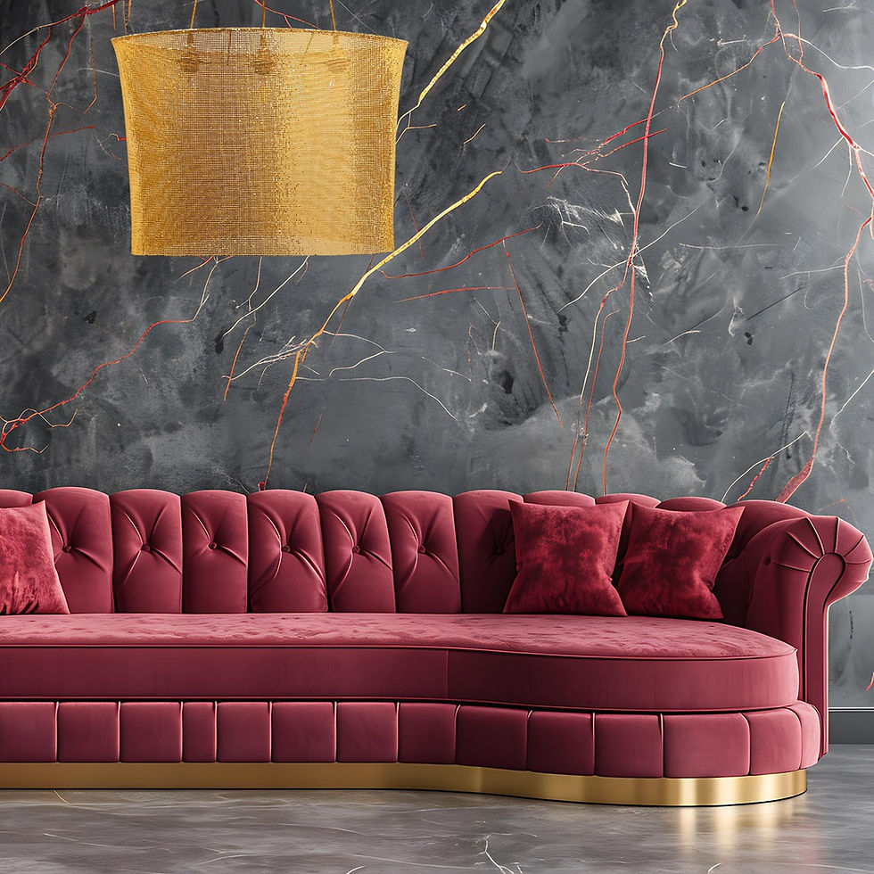 Μικρογραφία: Curved velvet sofa with gold trim against marble wall