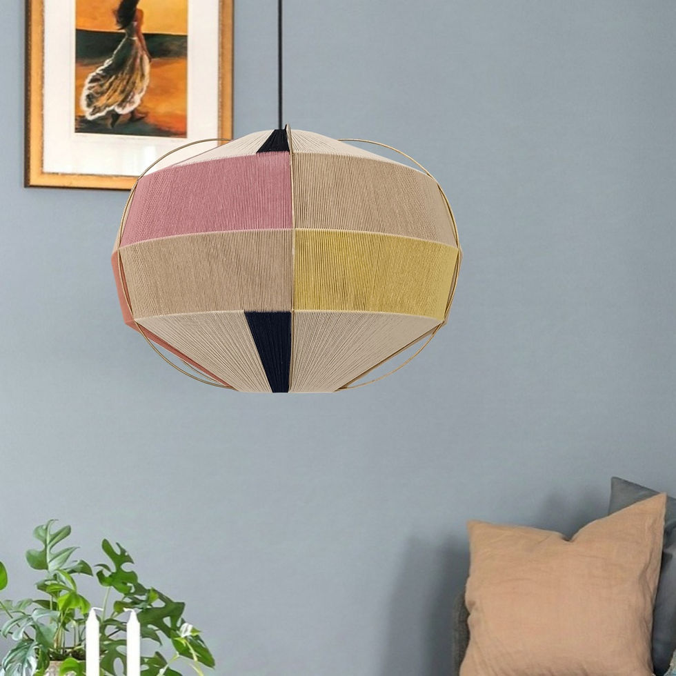 Μικρογραφία: Handmade pendant lampshade with pink, yellow, and beige yarn