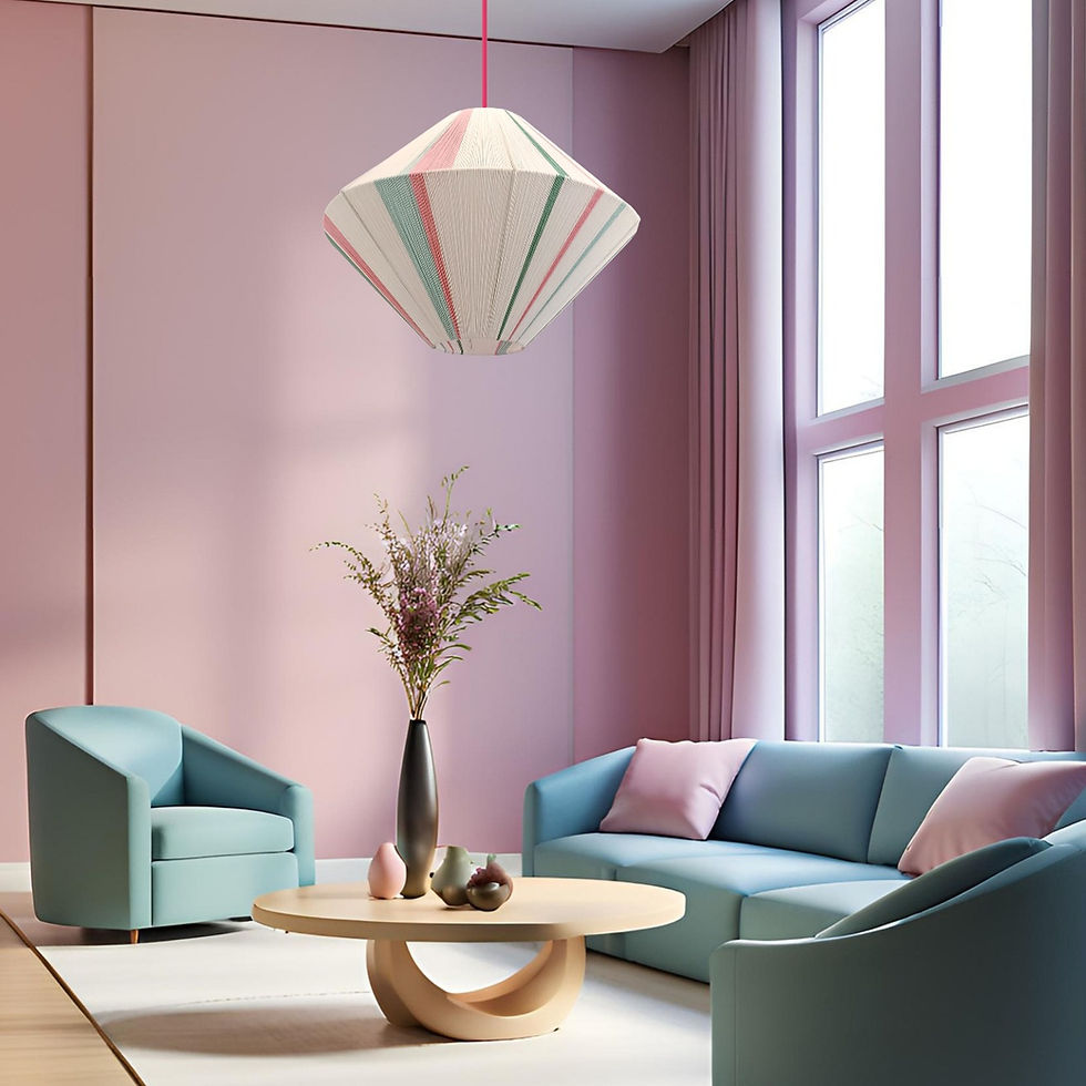 Thumbnail: Colorful handmade pendant lampshade hanging in modern living room