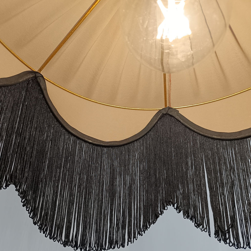 Thumbnail: Black-fringed lampshade, handmade pendant light